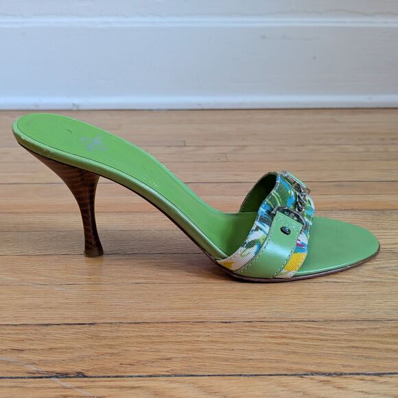 Vintage Shoes - Vintage Y2K Joey O Mules Heeled Sandals Green Buckle 2000s Size 6.5